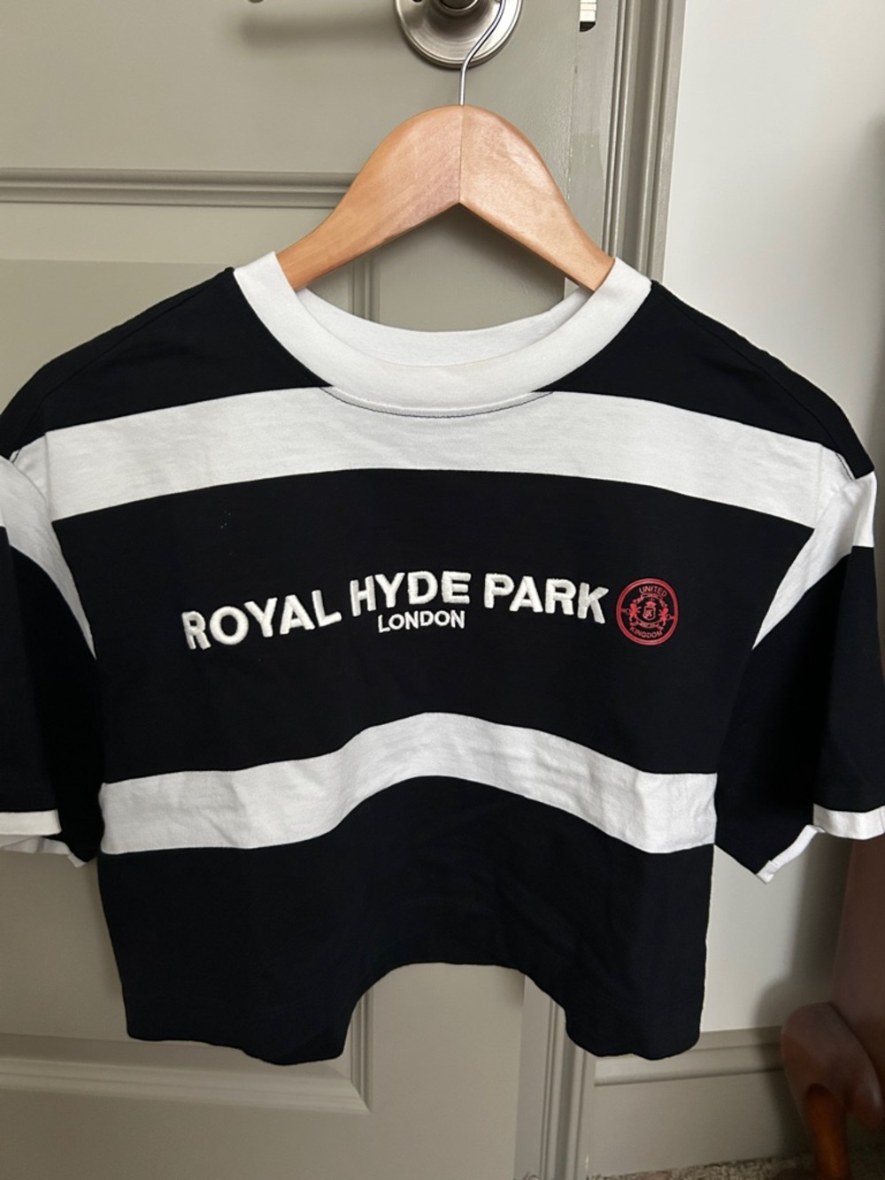 Zara Black & White Striped 'Royal Hyde Park' Tee with Red Logo